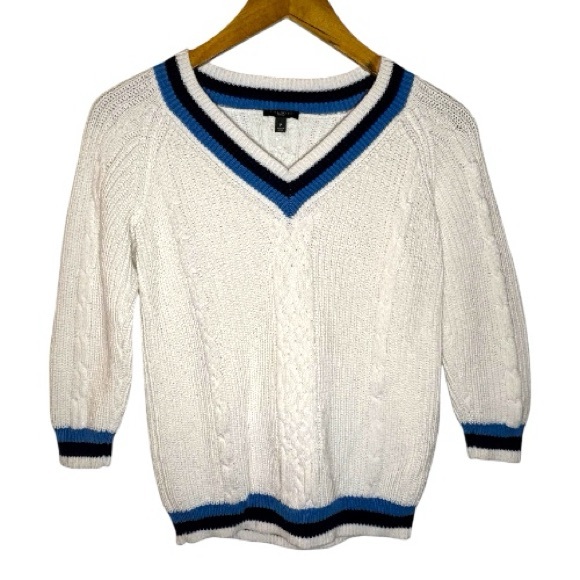Talbots White V-Neck Sweater with Blue and Black Trim - Picture 1 of 3